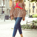 Cheetah Color Block V Neck Balloon Sleeve Babydoll Blouse | S-XL