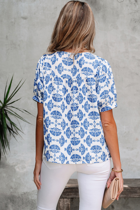 Geometric Print Tassel Drawstring  Blouse