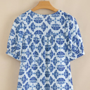  Geometric Print Tassel Drawstring  Blouse