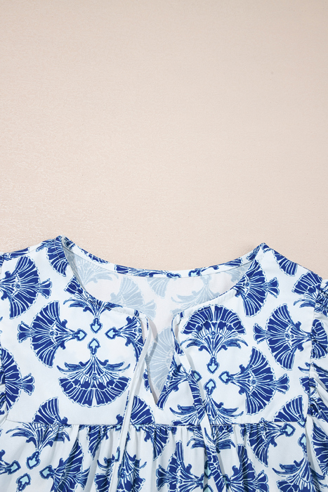 Geometric Print Tassel Drawstring  Blouse
