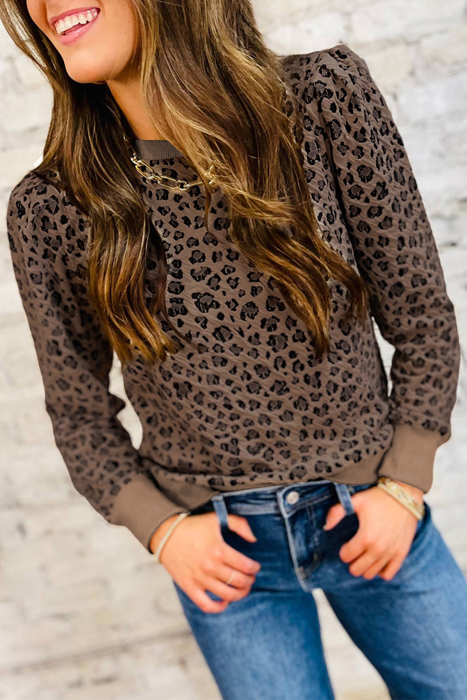 Ribbed Trim Leopard Print Long Sleeve Top | S-XL