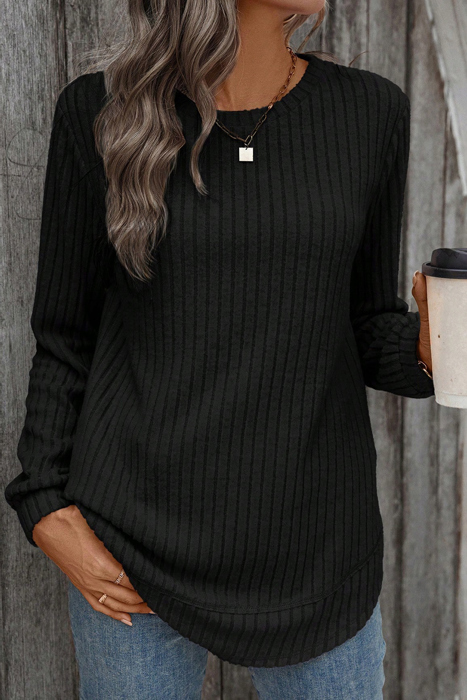 Texture Rounded Hem Ribbed Knit Pullover | S-XL