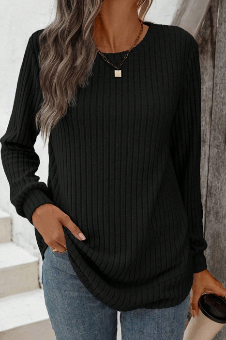 Texture Rounded Hem Ribbed Knit Pullover | S-XL