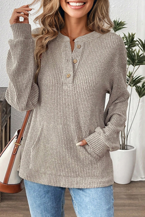 Ribbed  Henley Knit Front Pouch Pocket Top | S-XL