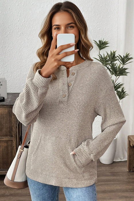 Ribbed  Henley Knit Front Pouch Pocket Top | S-XL