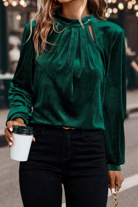Asymmetric Button Keyhole Neck Velvet Blouse | S-XL