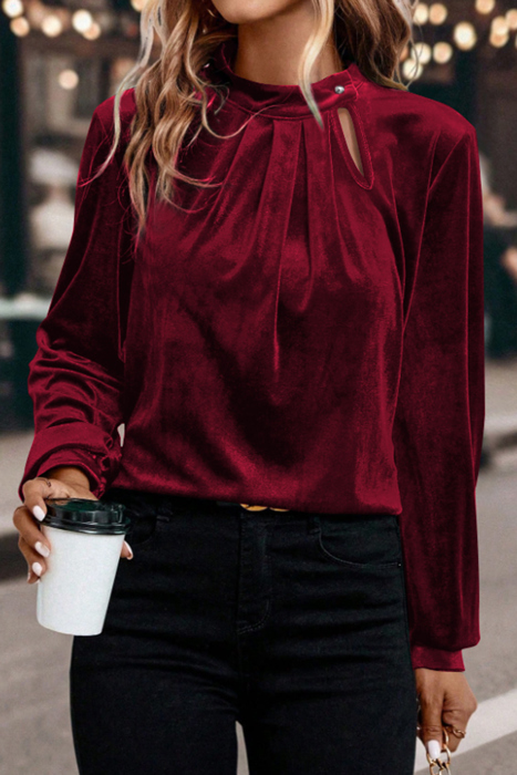 Asymmetric Button Keyhole Neck Velvet Blouse | S-XL
