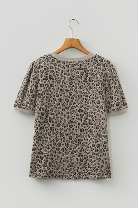 Textured Leopard Print Crew Neck Short Sleeve Top | S-XL