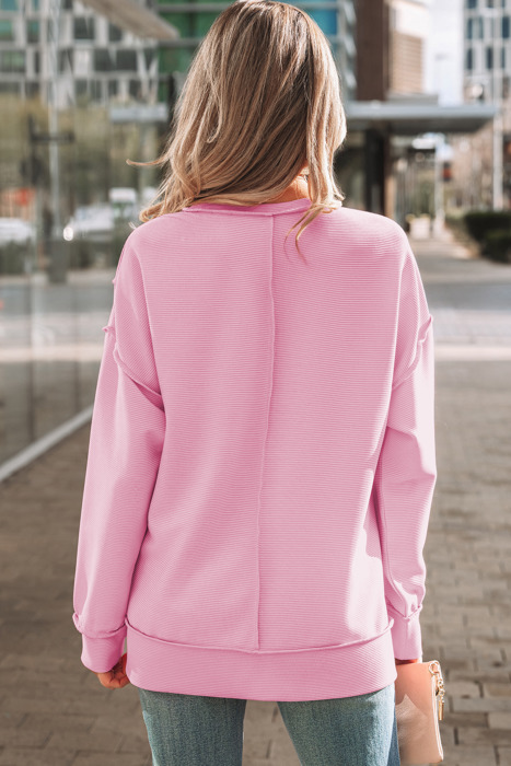 Ribbed Exposed Seam Detail Drop Shoulder Baggy Pullover |  S-XL