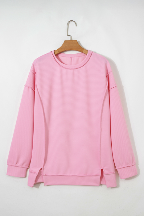 Ribbed Exposed Seam Detail Drop Shoulder Baggy Pullover |  S-XL