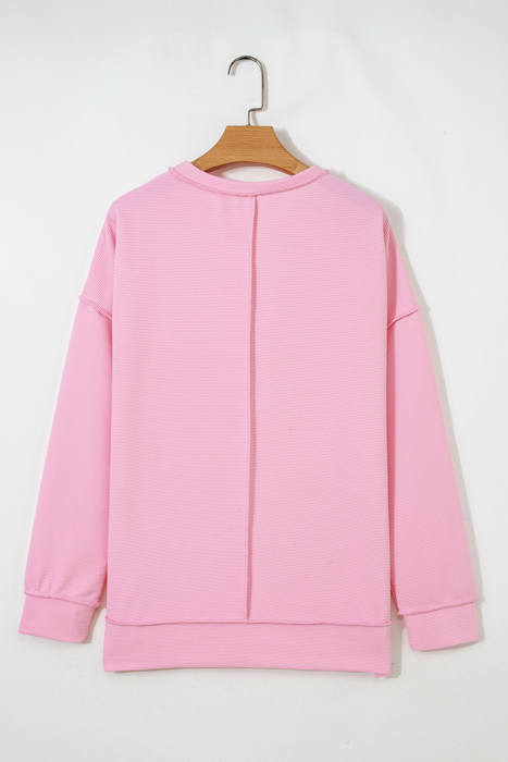 Ribbed Exposed Seam Detail Drop Shoulder Baggy Pullover |  S-XL