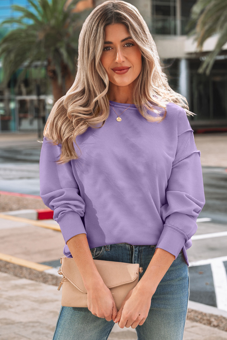 Ribbed Exposed Seam Detail Drop Shoulder Baggy Pullover |  S-XL