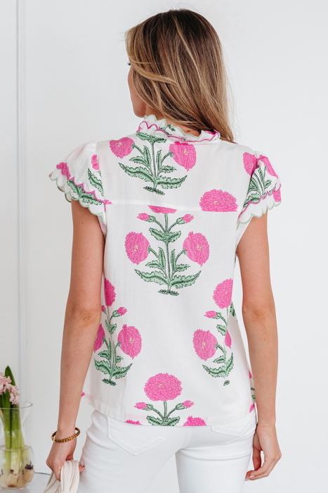 Floral  Print Scallop Trim Blouse | S-XL