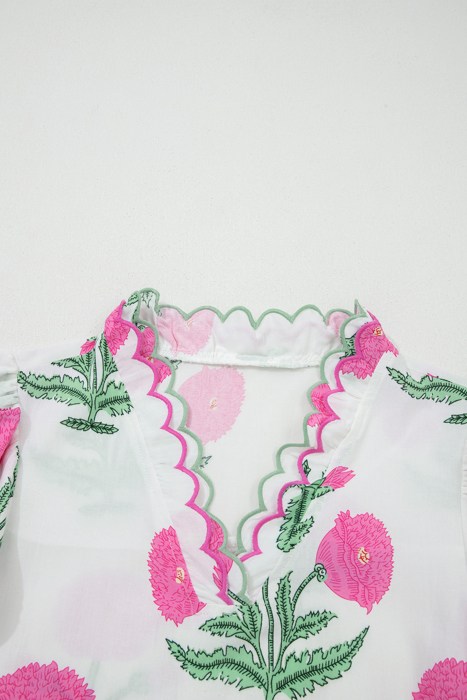 Floral  Print Scallop Trim Blouse | S-XL