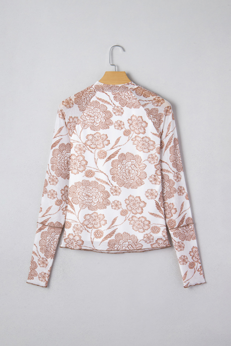 Thumbhole Long Sleeve Floral Print Mesh Top | S-XL