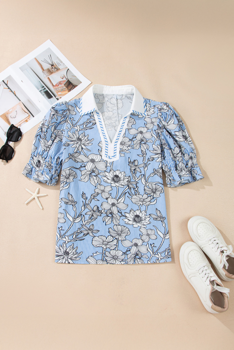 Flora Stripe Polo Blouse | S-XL
