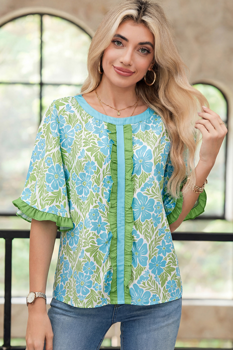 Floral Ruffle Colorblock Trim Blouse | S-XL