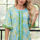 Small Sky Blue Floral Ruffle Colorblock Trim Blouse | S-XL