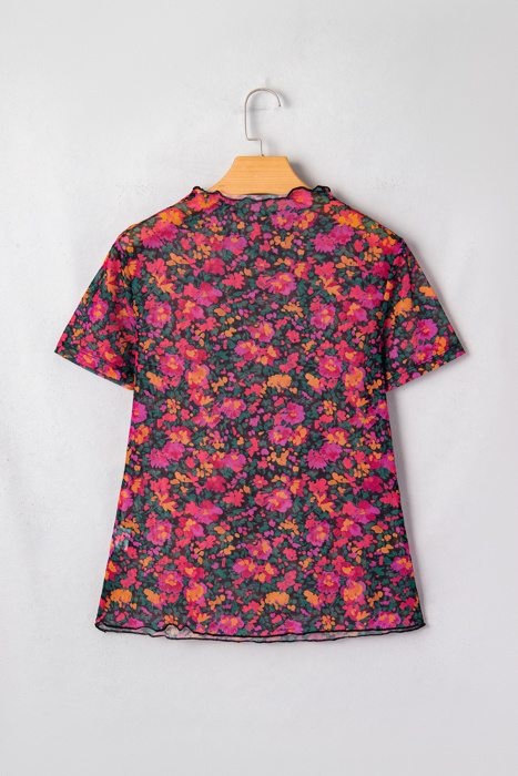 Retro Floral Printed Mesh Short Sleeve Top | S-XL
