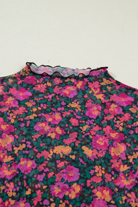 Retro Floral Printed Mesh Short Sleeve Top | S-XL