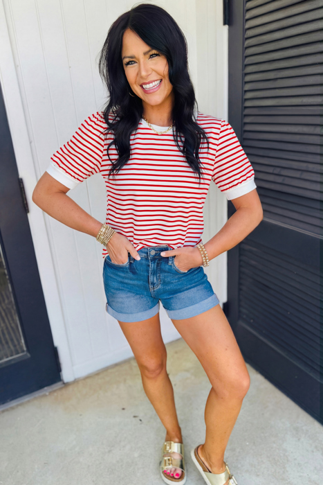 Stripe Trim Round Neck Short Puff Sleeve Top | S-XL