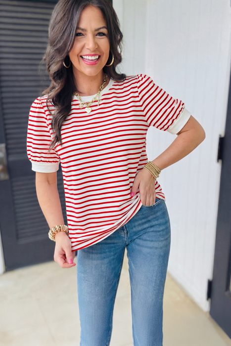 Stripe Trim Round Neck Short Puff Sleeve Top | S-XL