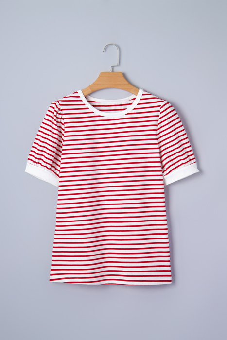 Stripe Trim Round Neck Short Puff Sleeve Top | S-XL