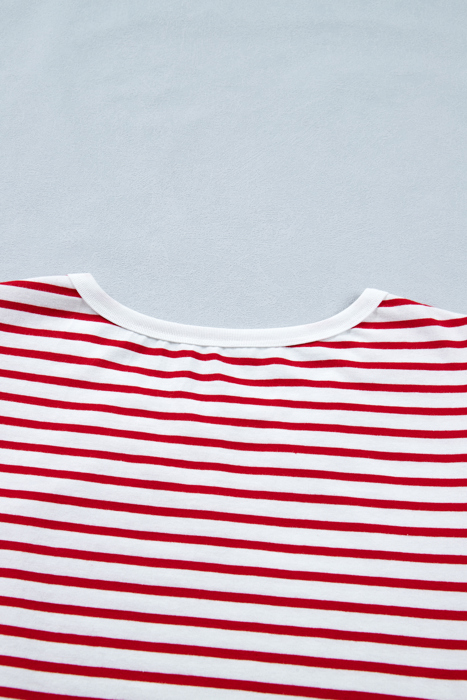 Stripe Trim Round Neck Short Puff Sleeve Top | S-XL