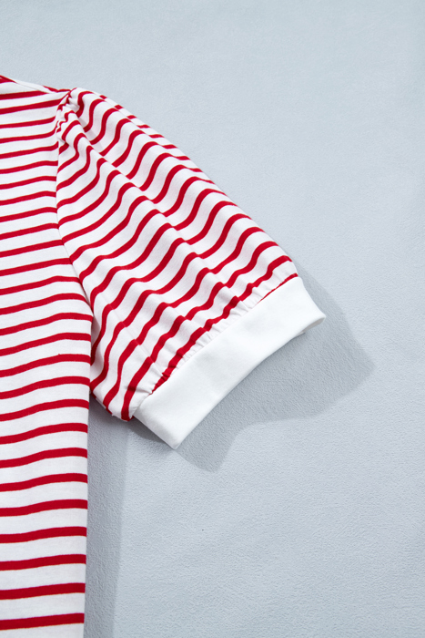 Stripe Trim Round Neck Short Puff Sleeve Top | S-XL