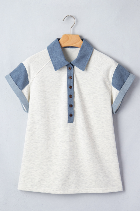 Denim Color Patchwork Polo Top | S-XL