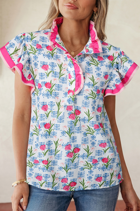 Floral Breeze Colorblock Flutter Sleeve Blouse | S-XL