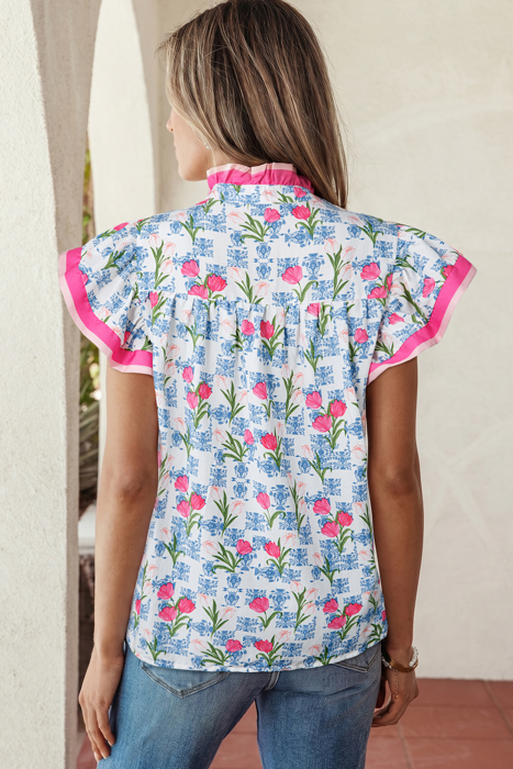 Floral Breeze Colorblock Flutter Sleeve Blouse | S-XL