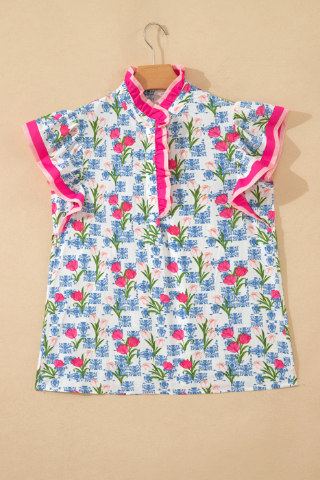 Floral Breeze Colorblock Flutter Sleeve Blouse | S-XL