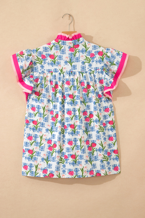 Floral Breeze Colorblock Flutter Sleeve Blouse | S-XL
