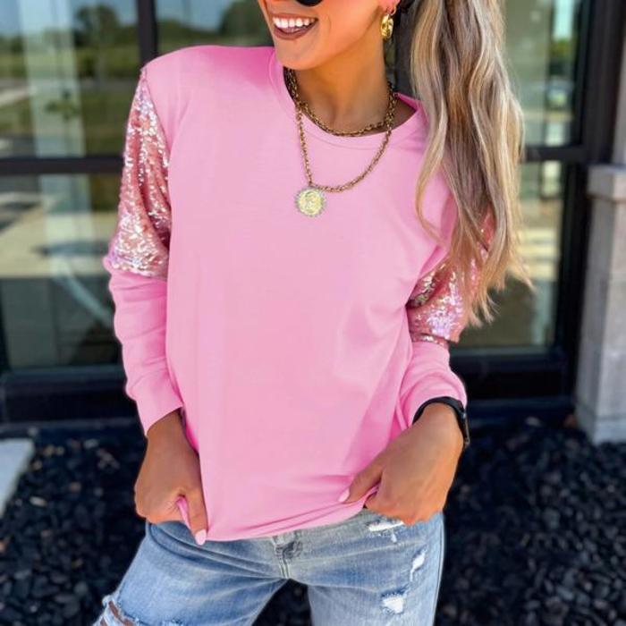Sequin Round Neck Pullover Top | S-XL