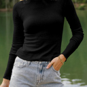 XL Black Knit Lettuce Trim High Neck Long Sleeve Top | S -2XL