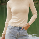 Small Parchment Knit Lettuce Trim High Neck Long Sleeve Top | S -2XL