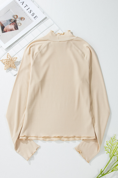 Knit Lettuce Trim High Neck Long Sleeve Top | S -2XL