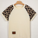  Ribbed Chic Colorblock Leopard Sleeve Tee | S-XL