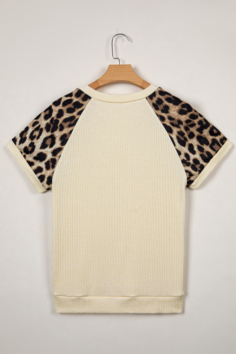 Ribbed Chic Colorblock Leopard Sleeve Tee | S-XL