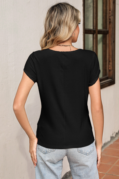 Lace Edge Ribbed Knit Short Sleeve Top | S-XL