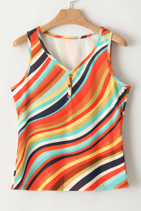 Wavy Striped Buttoned V Neck Tank Top | S-XL