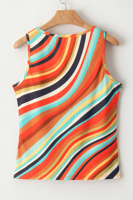 Wavy Striped Buttoned V Neck Tank Top | S-XL
