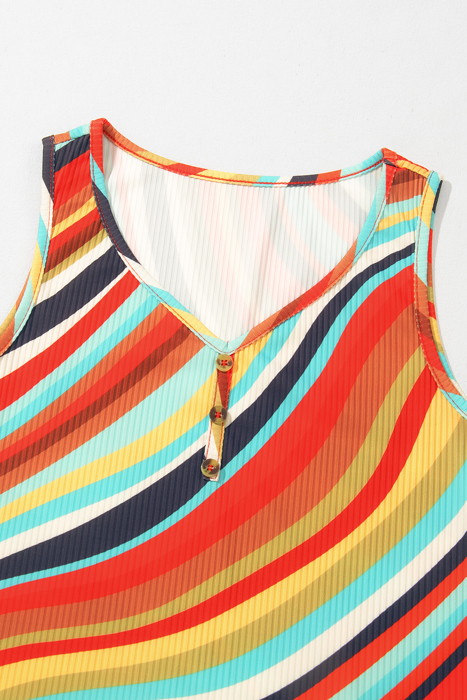 Wavy Striped Buttoned V Neck Tank Top | S-XL