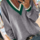  Contrast Striped Trim V Neck Varsity Light Sweater | S-XL