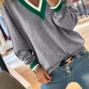  Contrast Striped Trim V Neck Varsity Light Sweater | S-XL