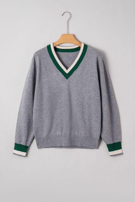Contrast Striped Trim V Neck Varsity Light Sweater | S-XL