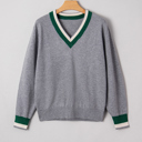  Contrast Striped Trim V Neck Varsity Light Sweater | S-XL