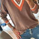  Contrast Striped Trim V Neck Varsity Light Sweater | S-XL
