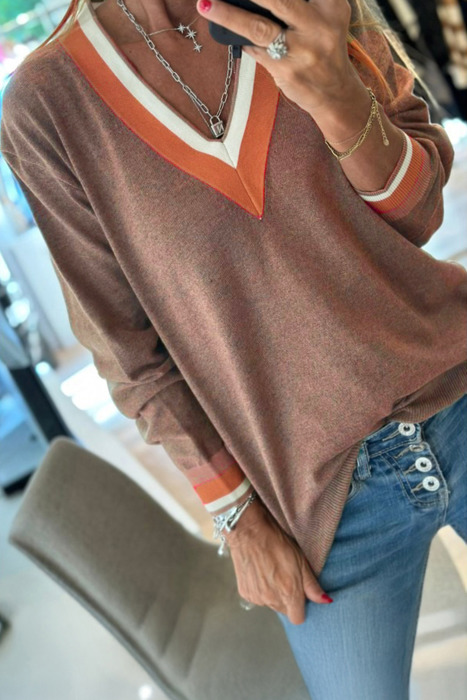Contrast Striped Trim V Neck Varsity Light Sweater | S-XL